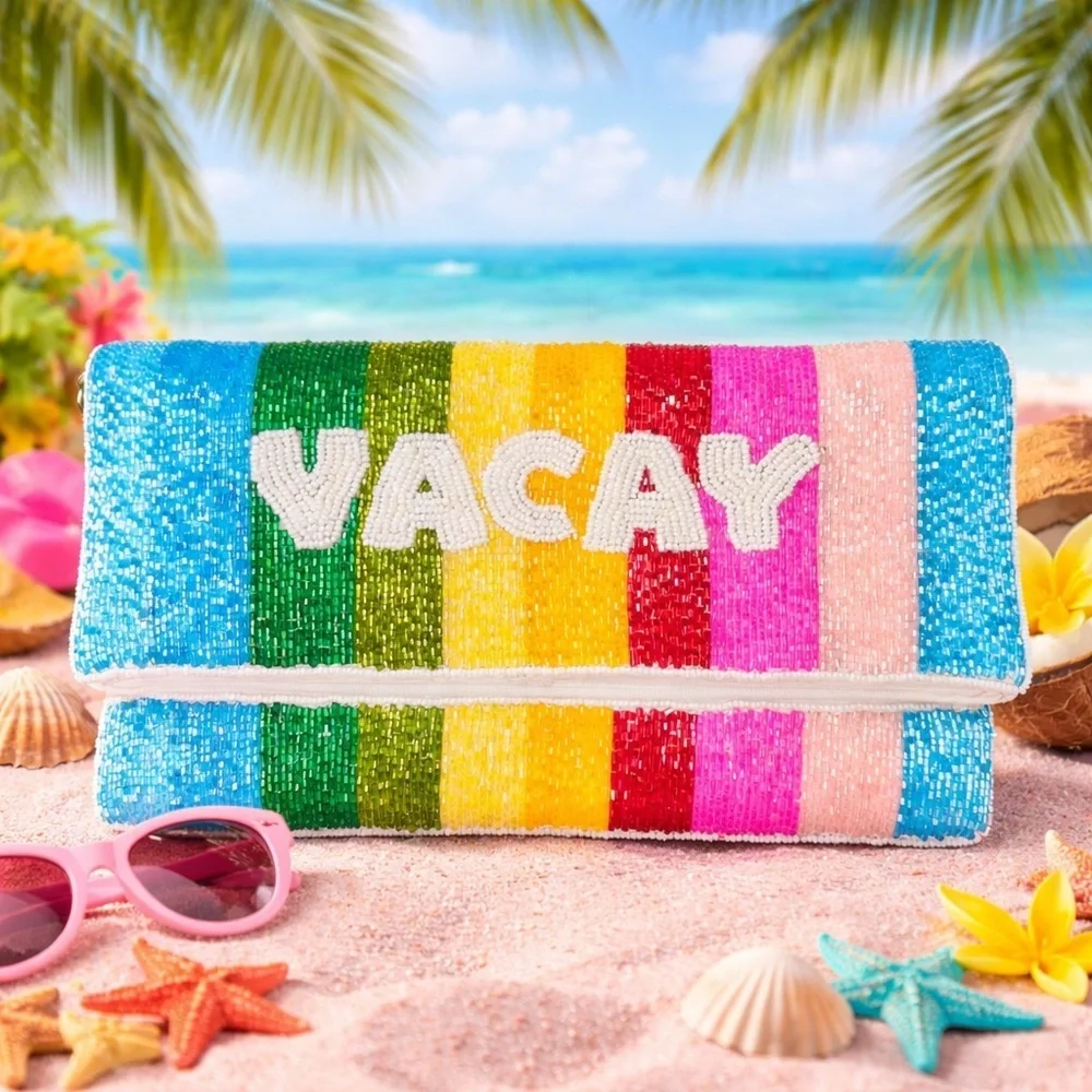 NWT Beaded Colorful Striped Vacay Clutch Crossbody Removable Chain Strap